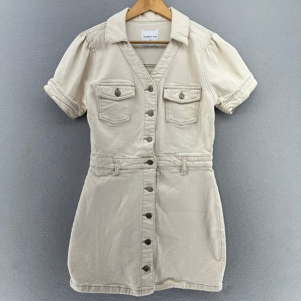 CELEBRITY PINK Utility Denim Dress Medium Off White Button Up Short Sleeve Mini